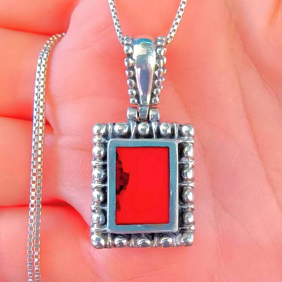 Vintage Jewelry - Vintage Sterling Silver Red Jasper Pebbled Pendant Necklace